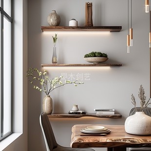 无线遥控灯实木一字隔板灯带展示架墙上置物架层收纳悬空书架壁挂