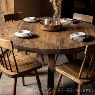 全实木大圆桌现代餐桌椅组合吃饭桌子家庭家用小户型茶桌一体古朴