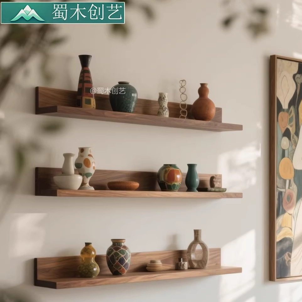 实木L型壁挂搁板置物收纳架