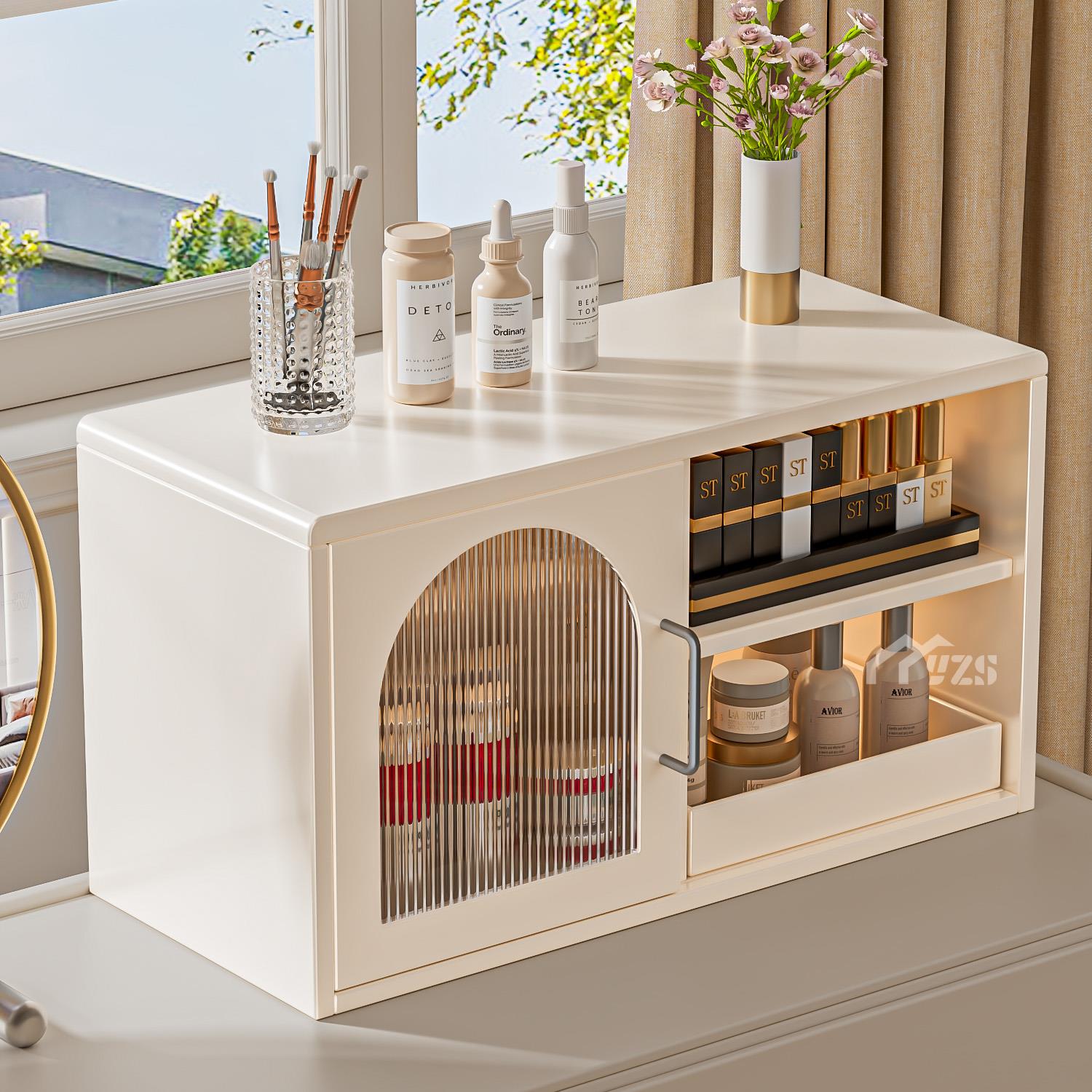 高级感化妆品拉门收纳柜护肤品面膜口红整理架化妆台桌面收纳柜