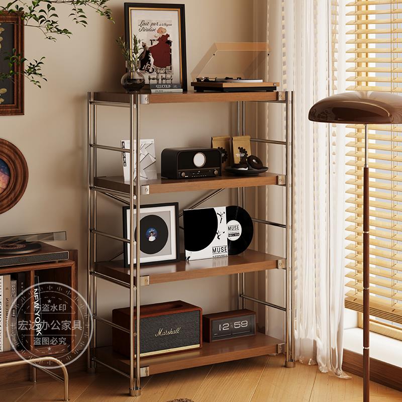 日式钢木置物架落地多层客厅阳台书架家用厨房收纳储物微波炉架子