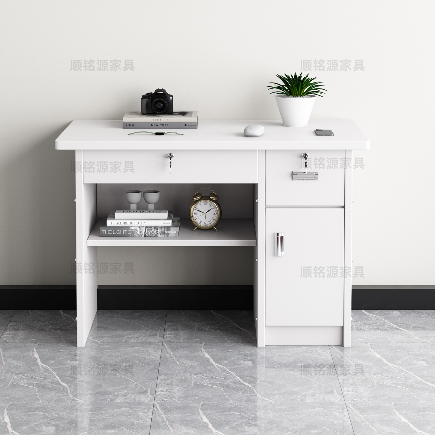 现代电脑桌家用一米办公桌写字台简约带抽屉带锁职员学校财务桌