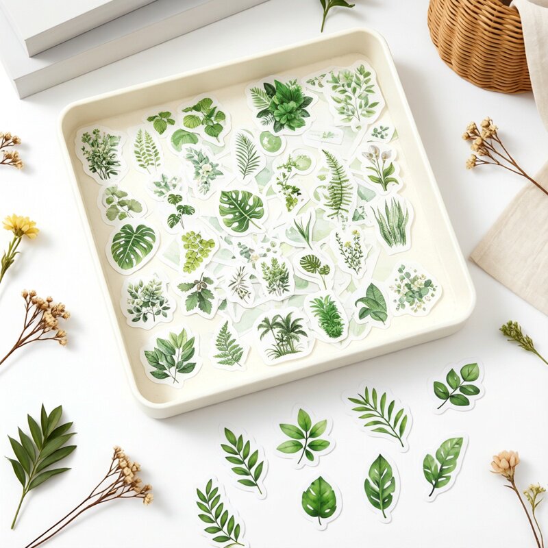 50张清新ins小绿植卡通自粘贴画