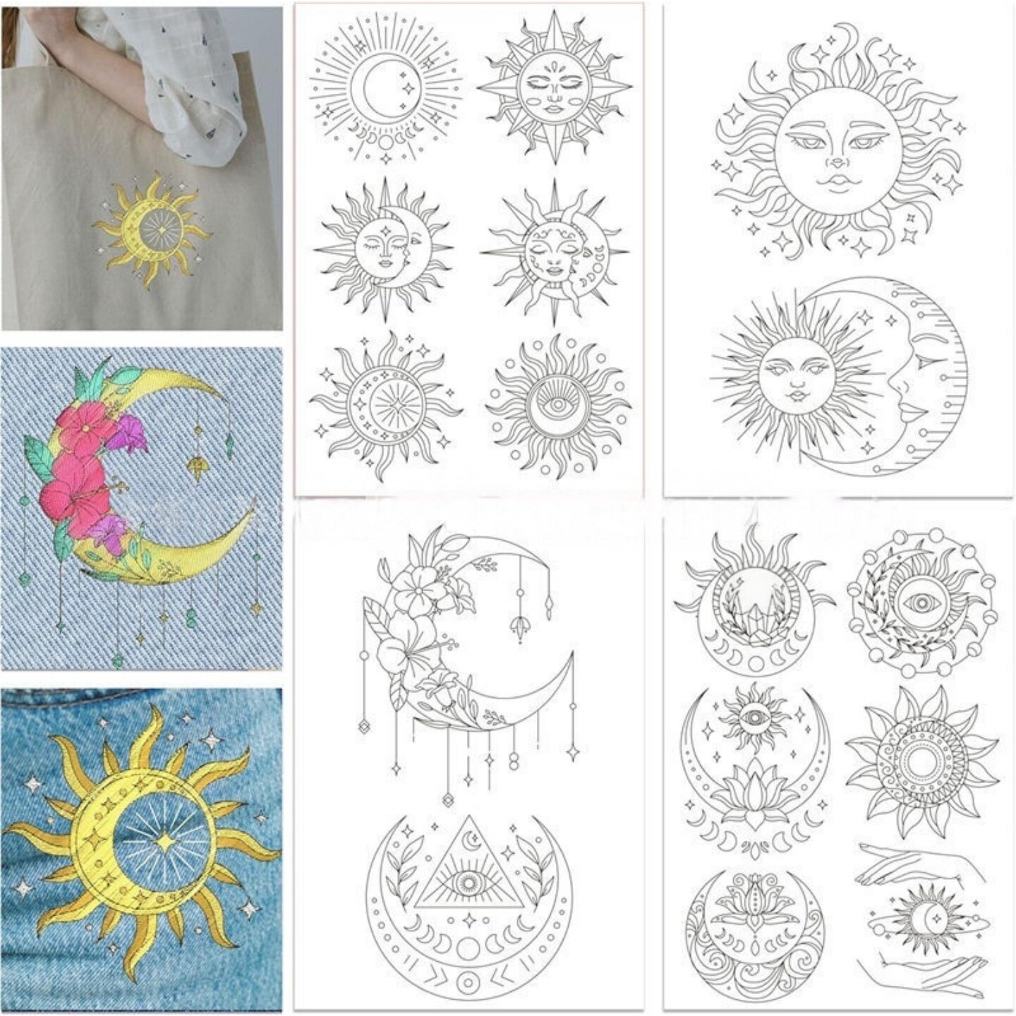 黑白线稿太阳月亮星星刺绣水溶纸