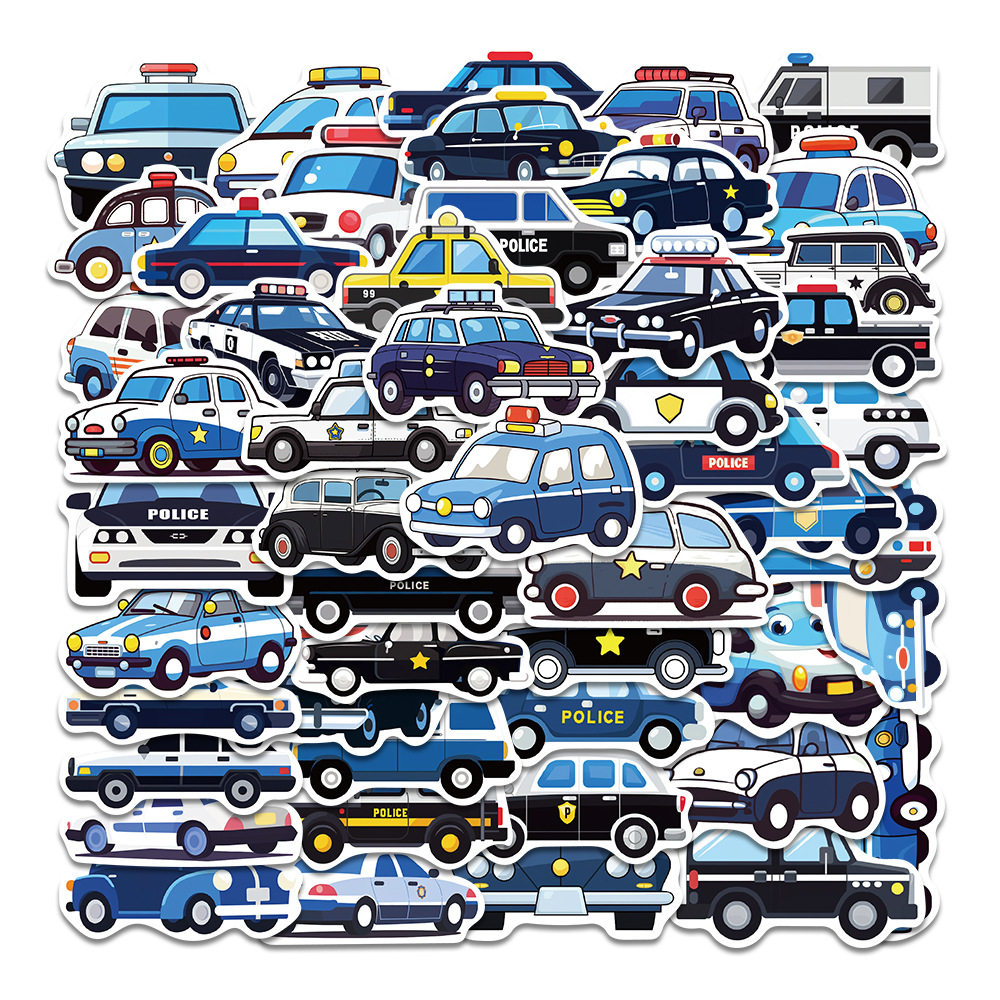 50张卡通警车贴纸儿童益智汽车玩具防水电脑平板冰箱行李箱贴画
