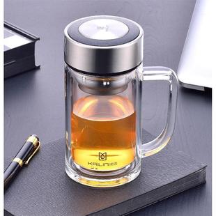 凯霖清澈双层办公玻璃杯加厚耐热商务泡茶杯便携水晶大容量水杯