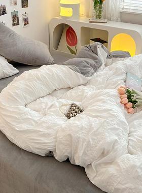 韩式风白色泡泡纱ab面单面珊瑚绒被套牛奶绒四件套单人床单三件套