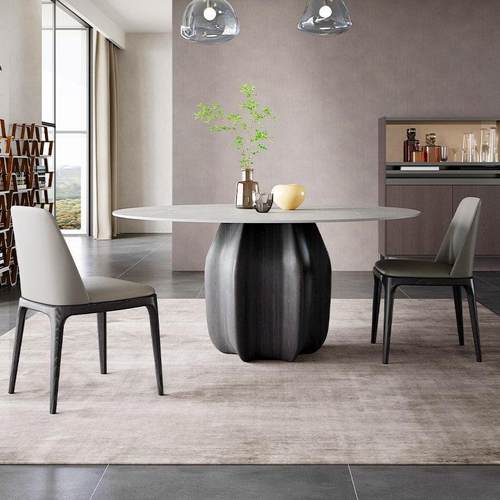 意式岩板餐桌圆桌内嵌转盘北欧设计师实木圆形灰色德利丰岩板餐桌