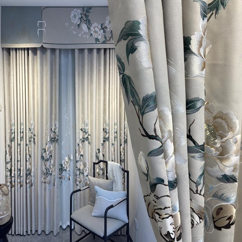 新款中式高档别墅客厅牡丹刺绣窗纱阳台绣花复古纱帘成品窗帘定制