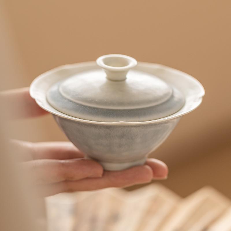 轻薄窑变斗笠盖碗中式轻奢二才茶碗带盖女士高颜值陶瓷茶具泡茶碗