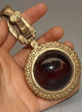 仿古做旧纯铜黄铜浮雕纹皮带扣钥匙扣镶牛角珠古玩铜器