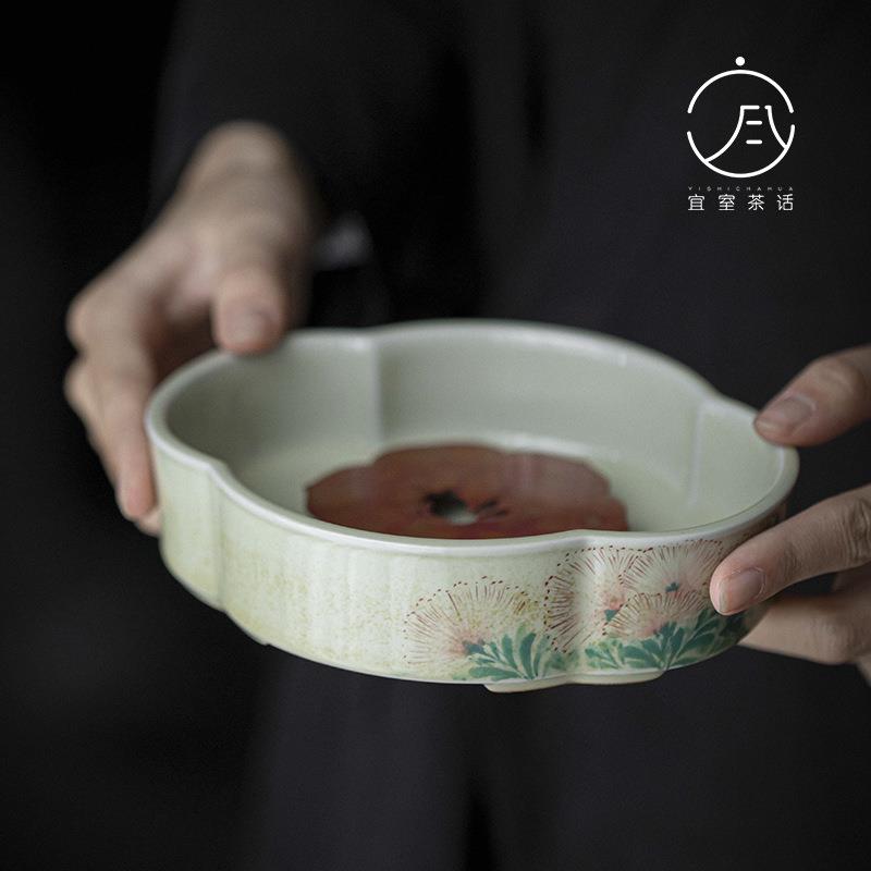 复古黄铜做旧壶承文人器手绘蒲公英高足干泡盘蓄水茶盘