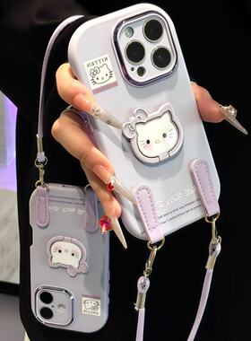 适用苹果17promax女新款可爱紫色KT手机壳带挂绳iPhone17pro秋冬16plus小众17好看15银框14全包硅胶保护套