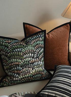 绿色高端复古抽象山水新中式客厅沙发抱枕条纹雪尼尔纯色包边靠垫