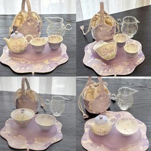 来龙山·紫色睡莲釉下彩手绘茶具套装茶席壶承盖碗壶主人杯公道包
