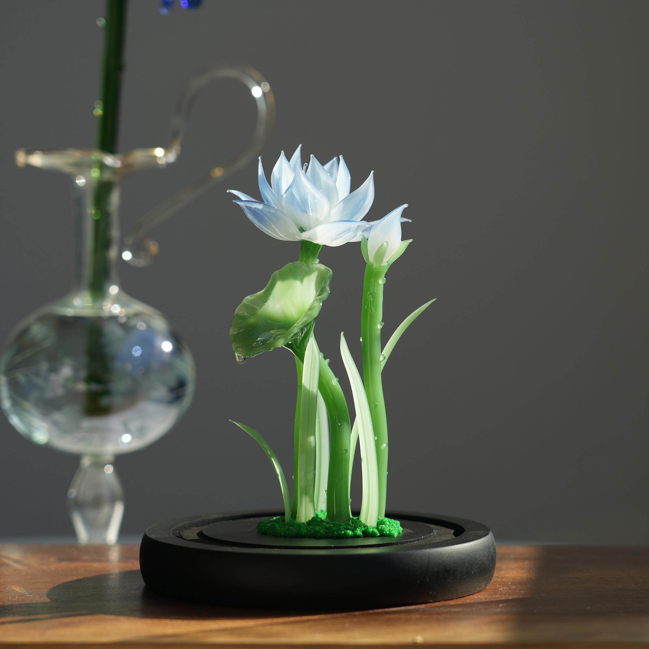 淄博琉璃手工艺品荷花桌面摆件治愈玻璃罩永生花好运莲莲装饰礼物