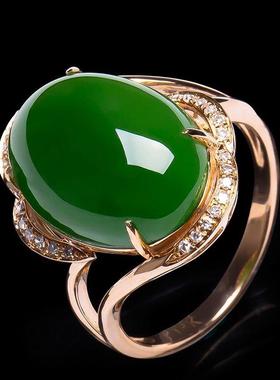 新疆天然和田玉3D硬金配钻石镶嵌菠菜绿戒指女玉石碧玉色指环正品