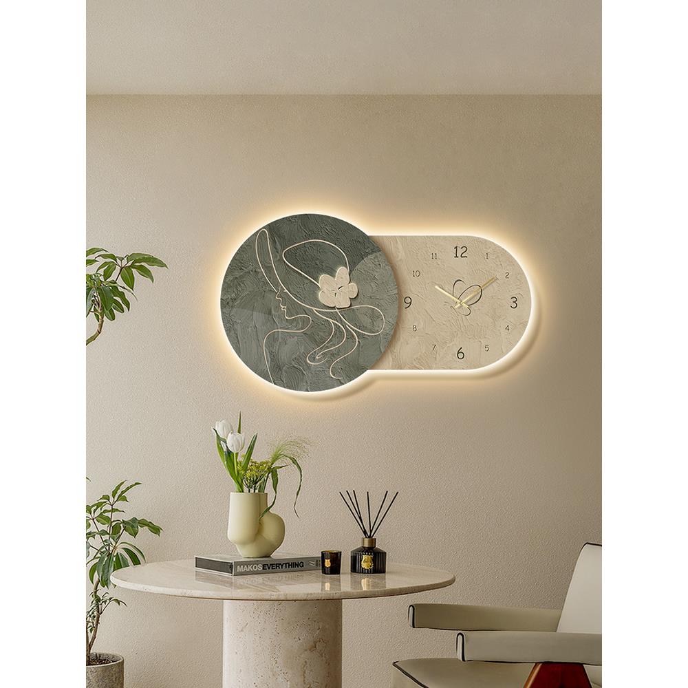 2023新款抽象人物侘寂风钟表时钟墙面饭厅挂画餐厅装饰画客厅壁灯