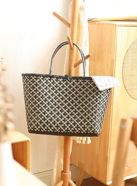 新款沙滩包百搭手拎包购物篮果蔬提菜篮PP编织户外野餐手提篮子