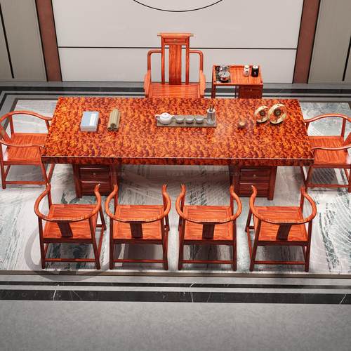 巴花整板实木大板一桌五椅茶桌椅组合巴西花梨木高端办公室泡茶台