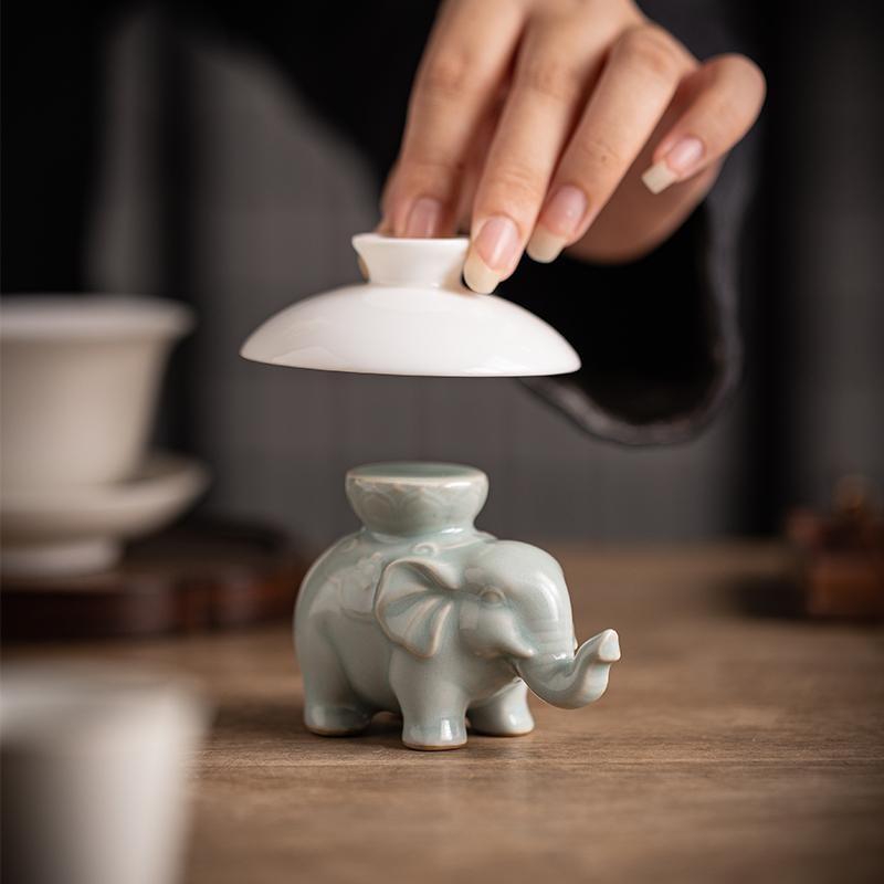 汝窑茶器盖置茶宠摆件陶瓷盖碗紫砂壶盖托精品可养茶配件小象盖置