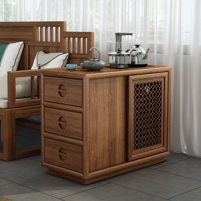 新中式移动茶水柜烧水壶一体家用老榆木办公室实木沙发侧边柜小几