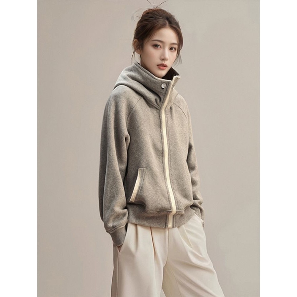 2025开春新款棒球服小个子短款灰色小香风连帽立领卫衣外套女春秋