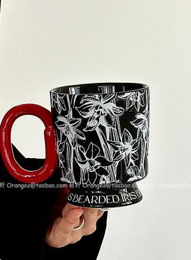 Oranges限定覆古黑百合花不规则马克杯咖啡杯陶瓷水杯子小众礼物