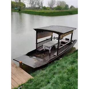 木船观光手画船景区游玩电动单蓬船中式画舫餐饮船摇橹水上乌篷船