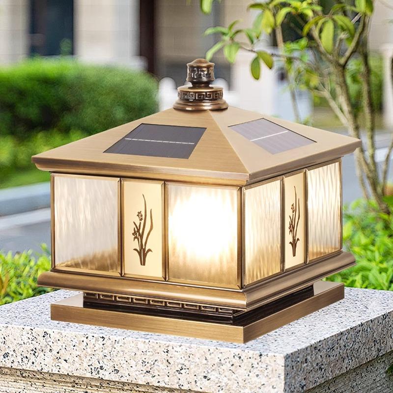 全铜太阳能防水柱头灯户外欧式别墅庭院灯室外大门围墙柱灯接电款