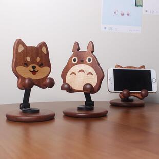 龙猫手机支架 创意实木桌面摆件可旋转调节可升降手机支撑架礼物