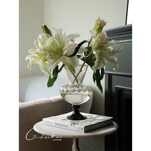 契阔家居高级感法式中古洒金轻奢高脚玻璃插花花瓶客厅玄关摆件