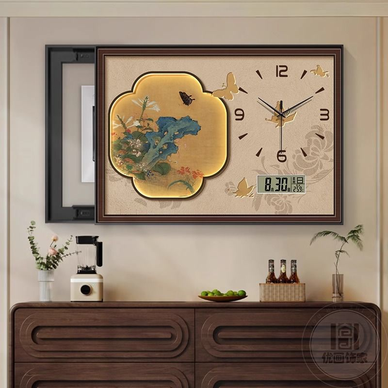 复古百蝶图电表箱装饰画中古风遮挡配电箱电闸盒带钟表万年历挂画