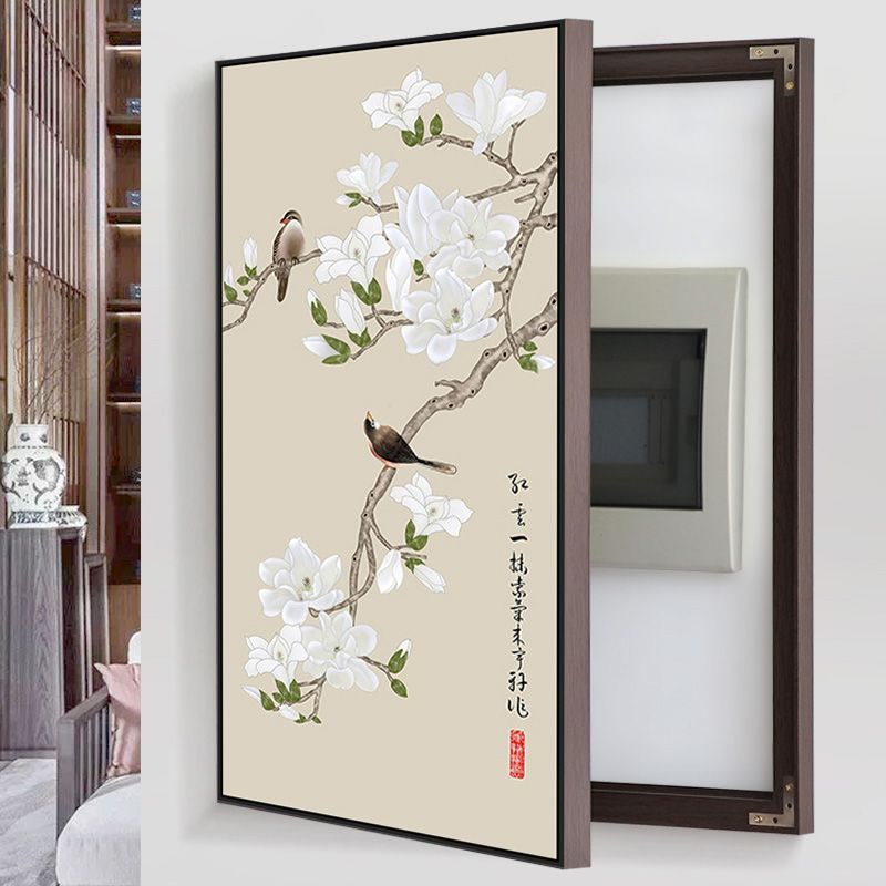 新中式喜上眉梢电表箱装饰画免打孔竖版装饰画电闸盒弱电箱挂画