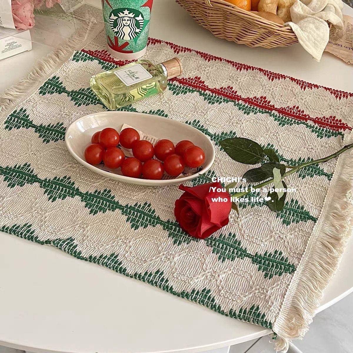 少女心棉和亚麻餐垫桌旗派对圣诞装饰编织流苏绝缘桌垫照片背景布