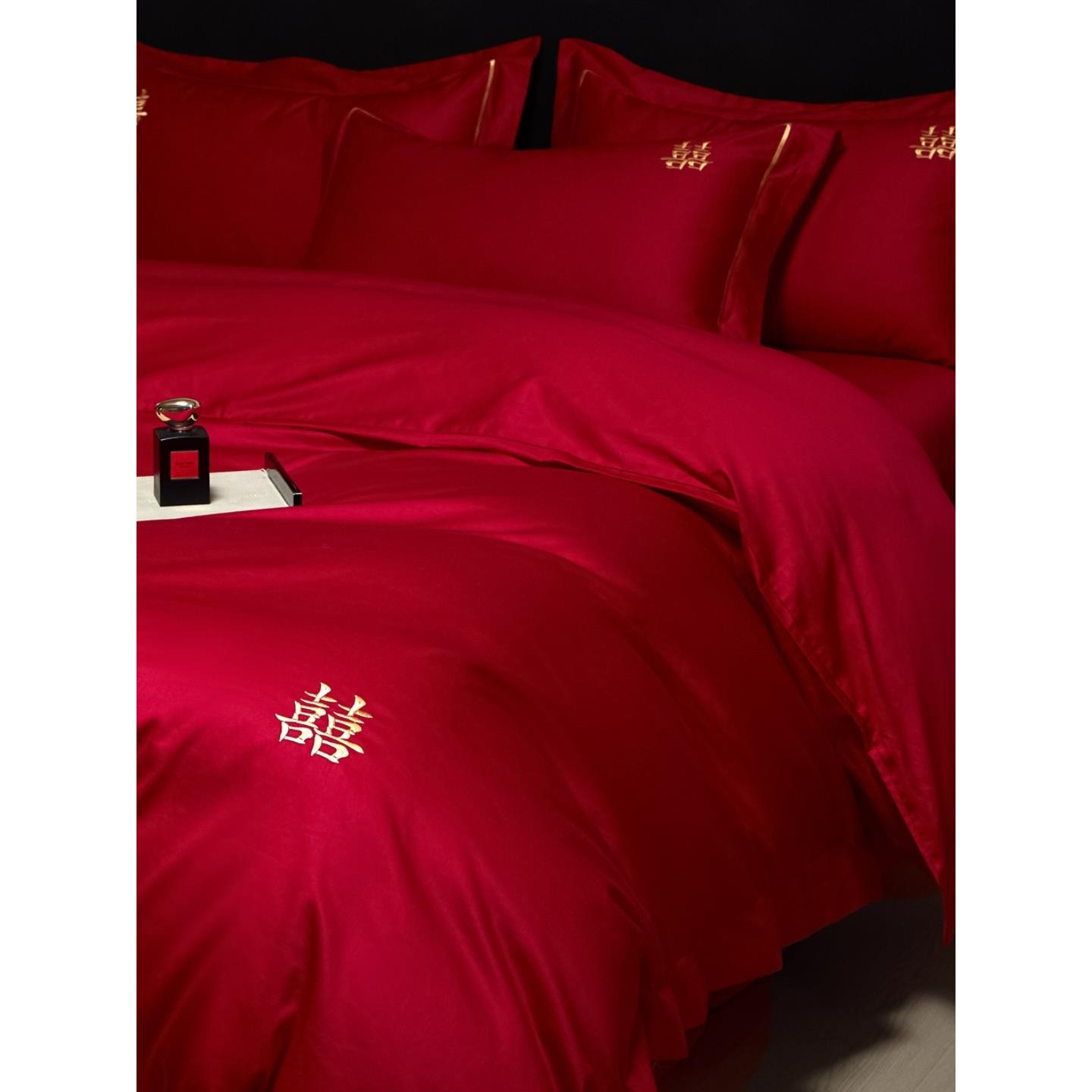 简约喜字刺绣结婚四件套红色纯棉被套婚庆喜被婚房床上用品婚嫁娶