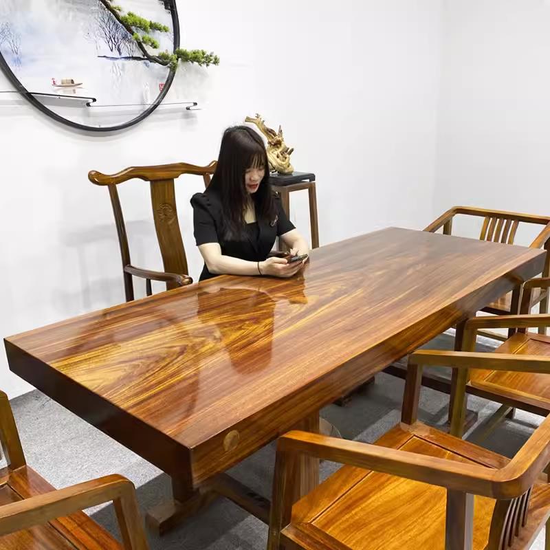 奥坎实木原木大板茶桌椅组合红木餐桌办公桌胡桃木巴花梨整块茶台