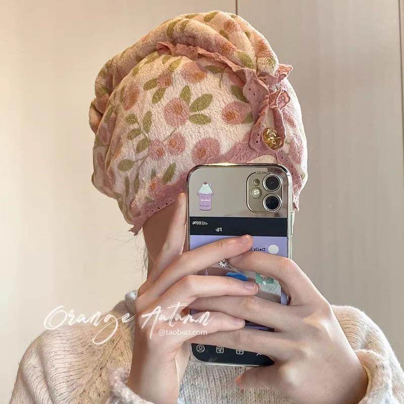 粉色花朵干发帽女超强吸水珊瑚绒蕾丝花边包头巾浴帽洗头干发毛巾