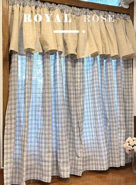 法式复古田园天蓝38261格子头式乡村棉麻帘窗帘帘门帘定制免打孔