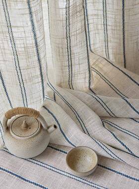 棉厅麻光不人透亚麻透沙窗纱日式民宿条纹棉麻窗帘20077纱帘客茶