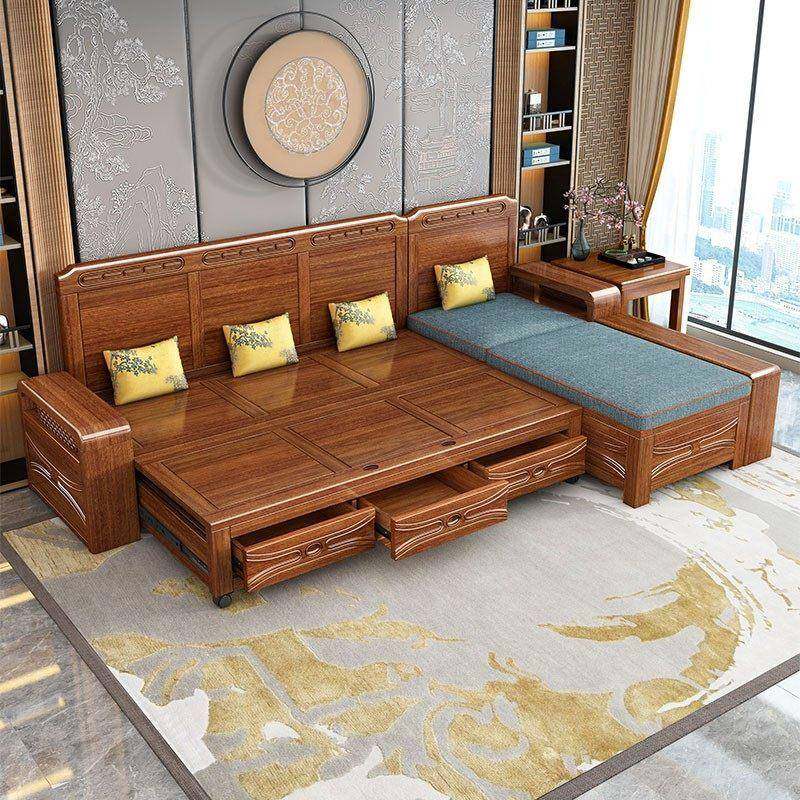胡桃木实木沙发床客厅家用小户型可推拉沙发新中式原木储物罗汉床