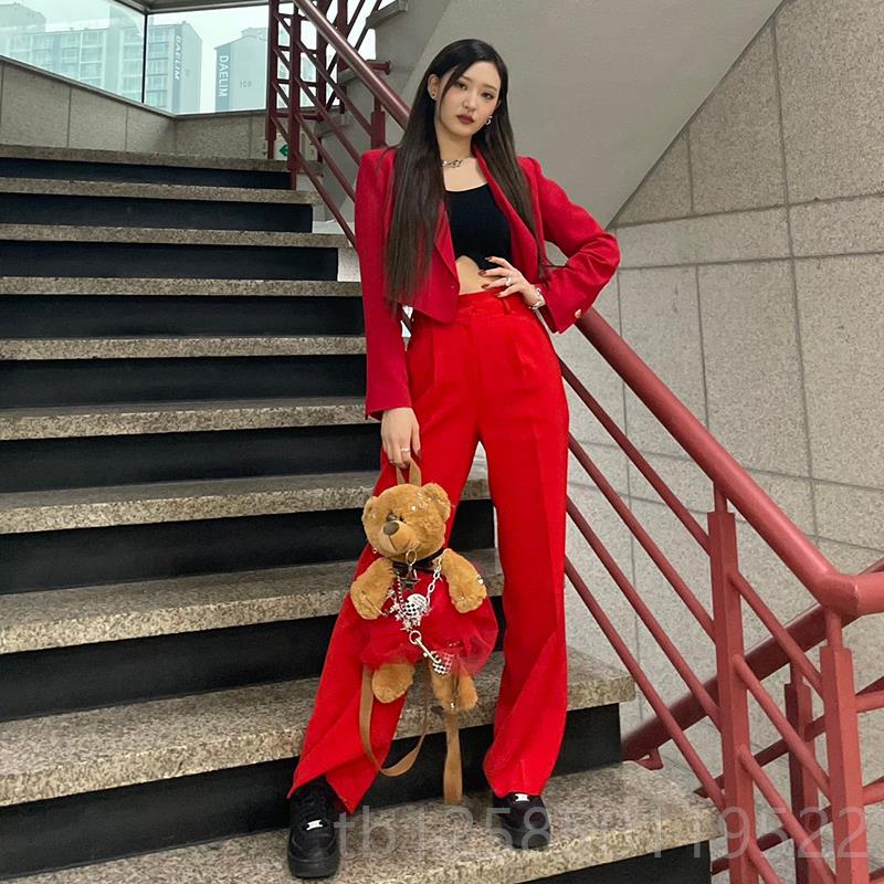 正品h舞1key款kpop女表团风r同ose打歌服韩红色爵士舞演出舞台西