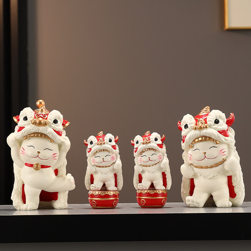 醒狮招财猫摆件吉祥物家四口进门入户玄关电视柜乔迁暖房开业国潮