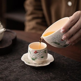 觅己手绘文心兰茶杯家用单个品茗杯陶瓷主人杯个人喝茶杯