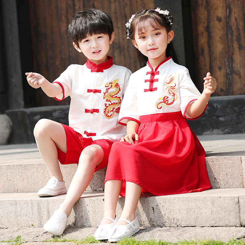 男童汉服夏装中国风校服班服园服男孩龙凤女童连衣V裙唐装儿童古
