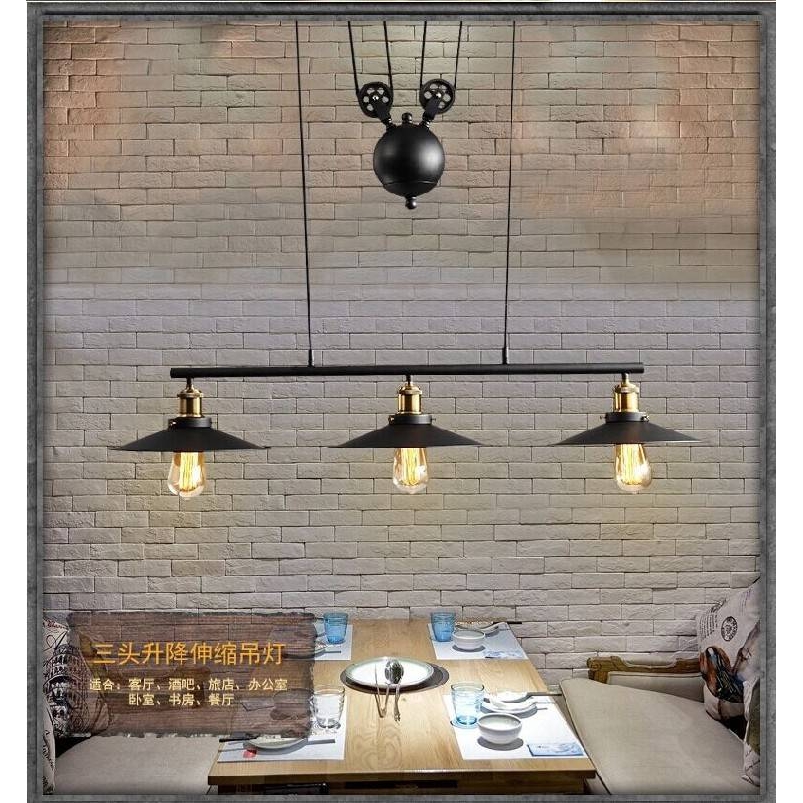 美式工业风loft铁艺三头餐厅复古台球室酒吧台餐桌滑轮升降吊灯