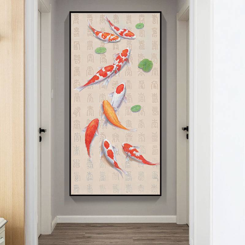 手绘油画九鱼图进门玄关竖版装饰画新中式挂画年年有鱼图片