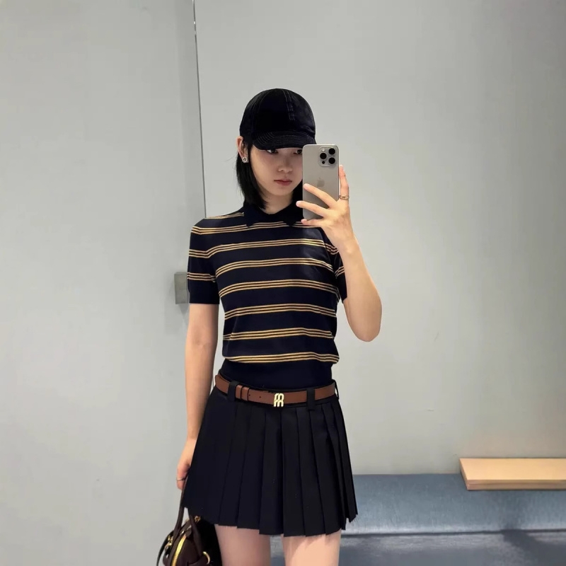 现货羊绒蚕丝翻领短袖针织T恤女