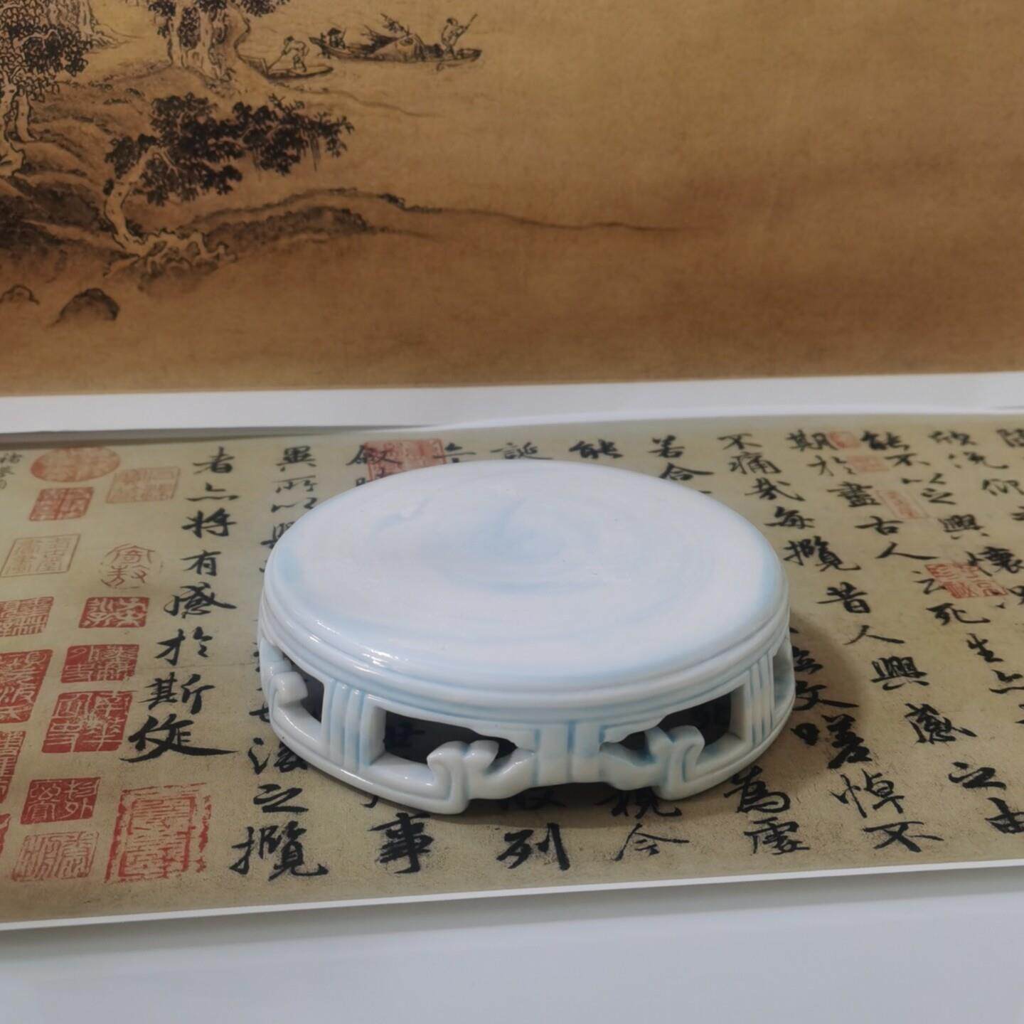 摆件底座陶瓷实木圆形工艺品高端奇石头花盆艺术鱼缸托架葫芦加高