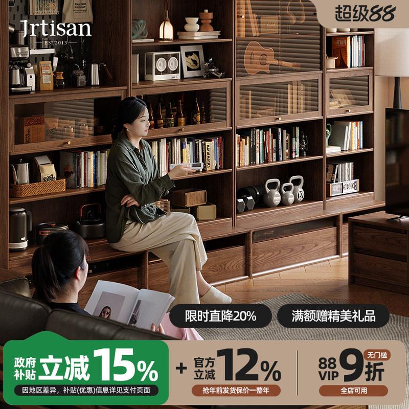 实木书柜一体整墙白蜡木客厅落地储物柜黑胡桃木色卡座满墙书柜